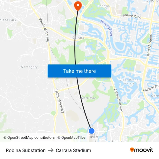 Robina Substation to Carrara Stadium map