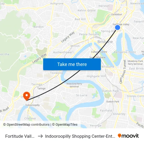 Fortitude Valley to Indooroopilly Shopping Center-Ent 2 map