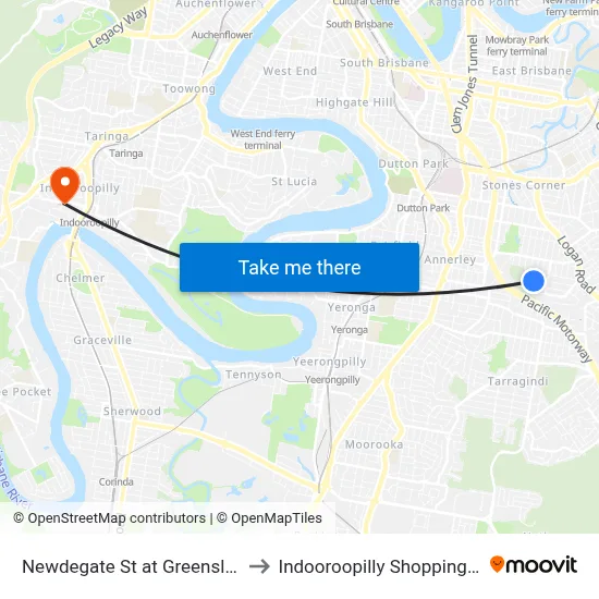 Newdegate St at Greenslopes Hospital to Indooroopilly Shopping Center-Ent 2 map