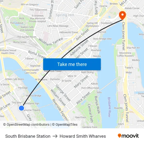 South Brisbane Station to Howard Smith Wharves map