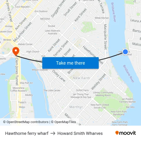 Hawthorne ferry wharf to Howard Smith Wharves map