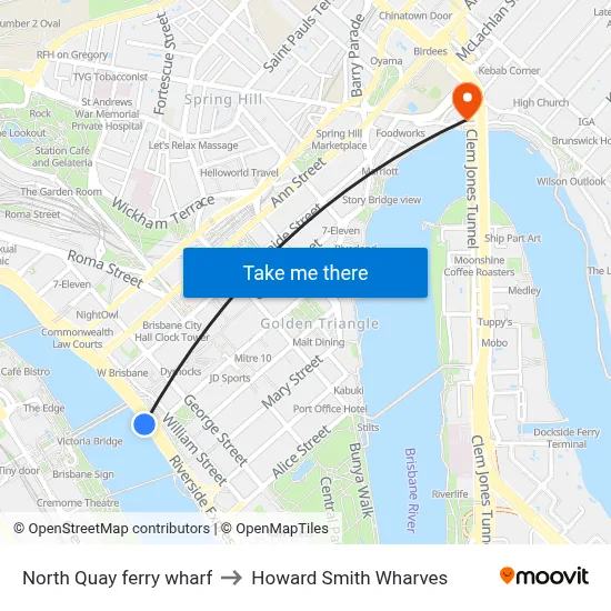 North Quay ferry wharf to Howard Smith Wharves map