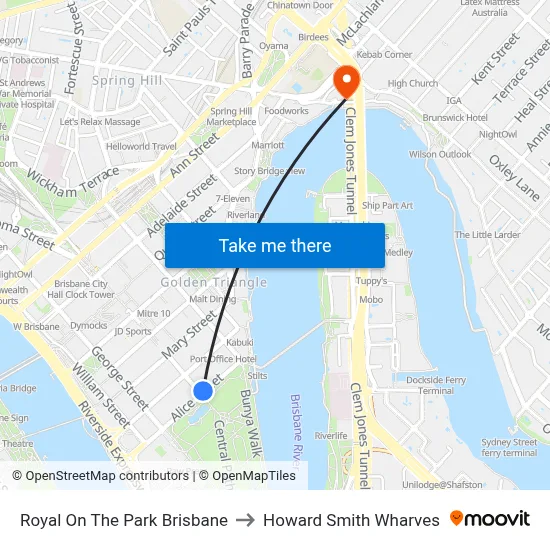 Royal On The Park Brisbane to Howard Smith Wharves map