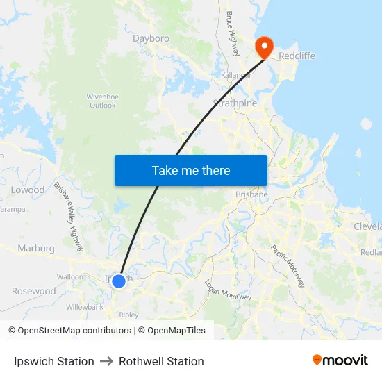 Ipswich Station to Rothwell Station map