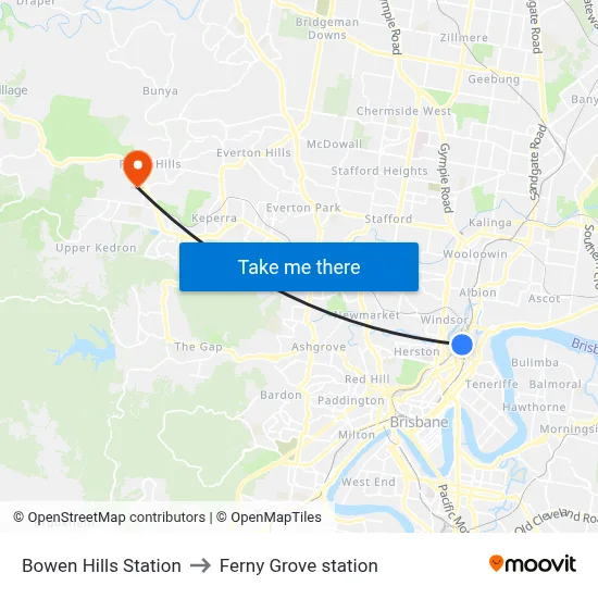 Bowen Hills Station to Ferny Grove station map