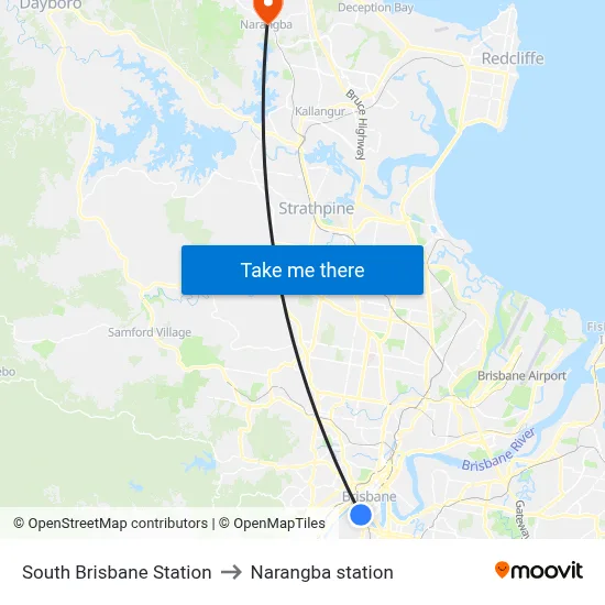South Brisbane Station to Narangba station map