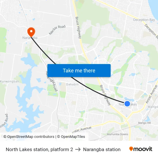 North Lakes station, platform 2 to Narangba station map