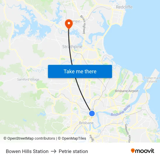 Bowen Hills Station to Petrie station map