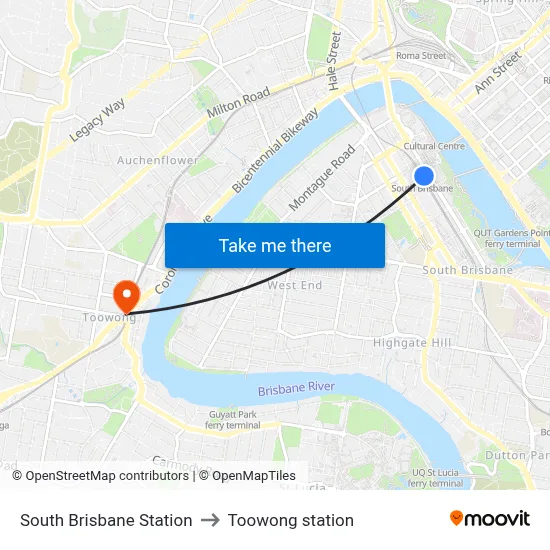 South Brisbane Station to Toowong station map