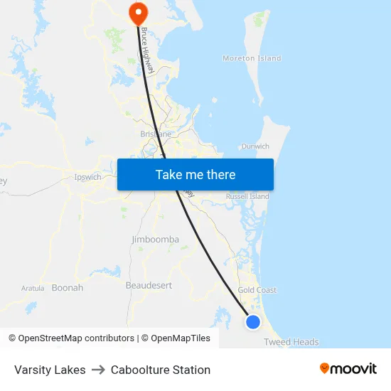 Varsity Lakes to Caboolture Station map
