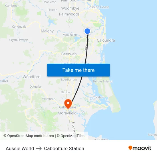 Aussie World to Caboolture Station map