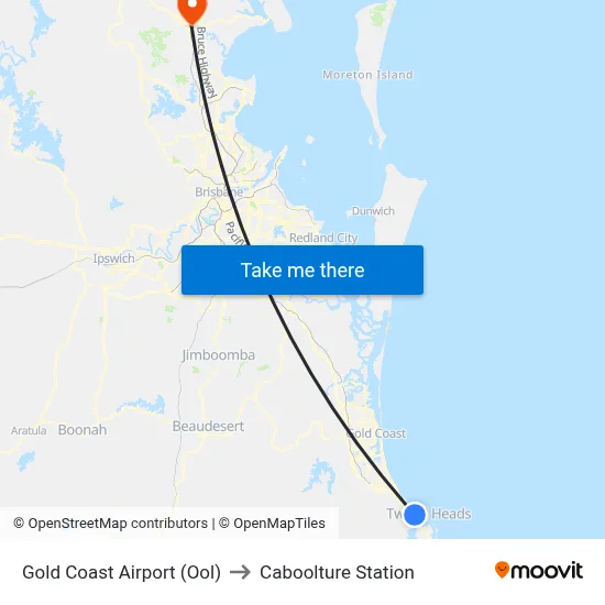 Gold Coast Airport (Ool) to Caboolture Station map