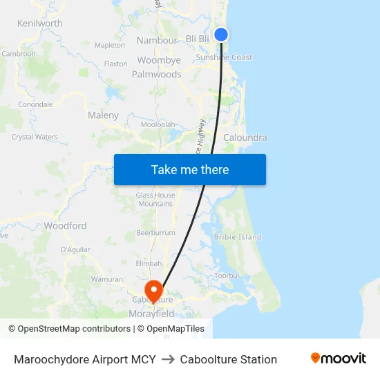 Maroochydore Airport MCY to Caboolture Station map