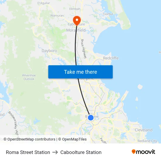 Roma Street Station to Caboolture Station map