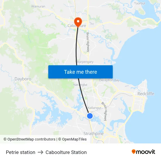 Petrie station to Caboolture Station map
