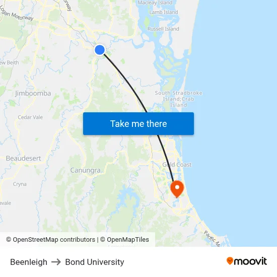 Beenleigh to Bond University map