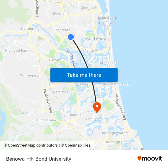 Benowa to Bond University map