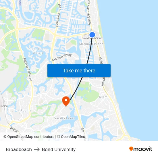 Broadbeach to Bond University map