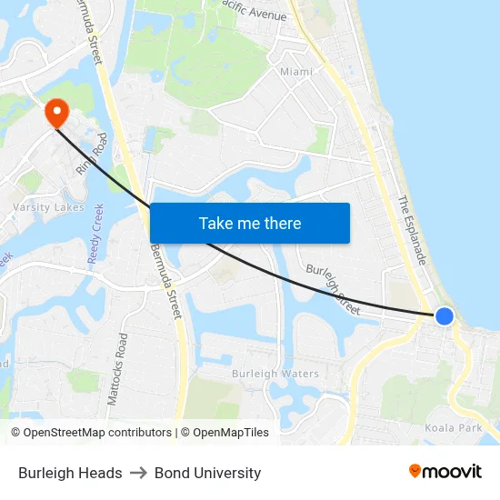 Burleigh Heads to Bond University map