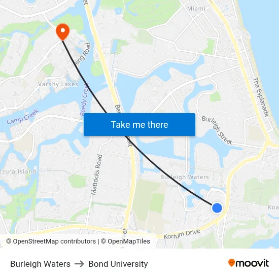Burleigh Waters to Bond University map