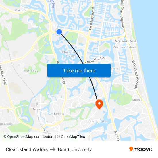 Clear Island Waters to Bond University map