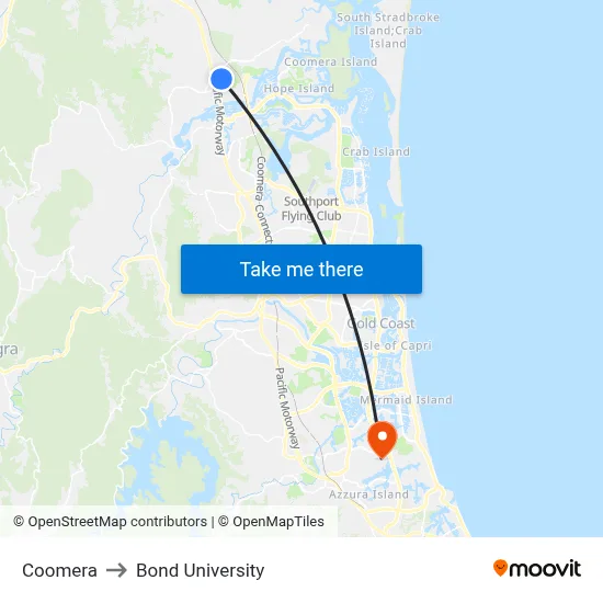 Coomera to Bond University map