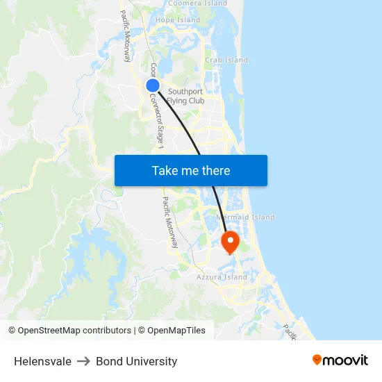 Helensvale to Bond University map