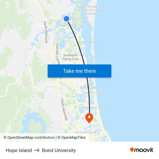 Hope Island to Bond University map