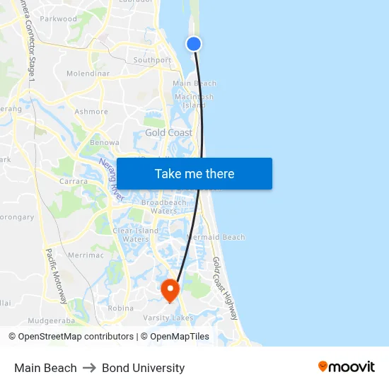 Main Beach to Bond University map