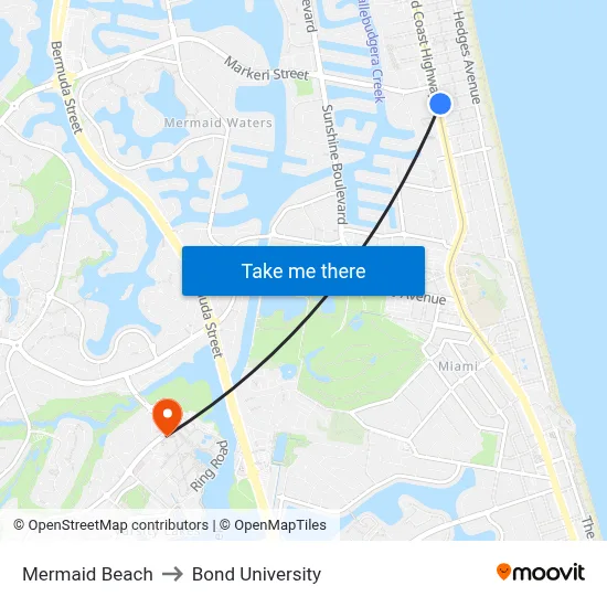 Mermaid Beach to Bond University map