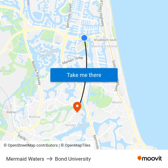 Mermaid Waters to Bond University map