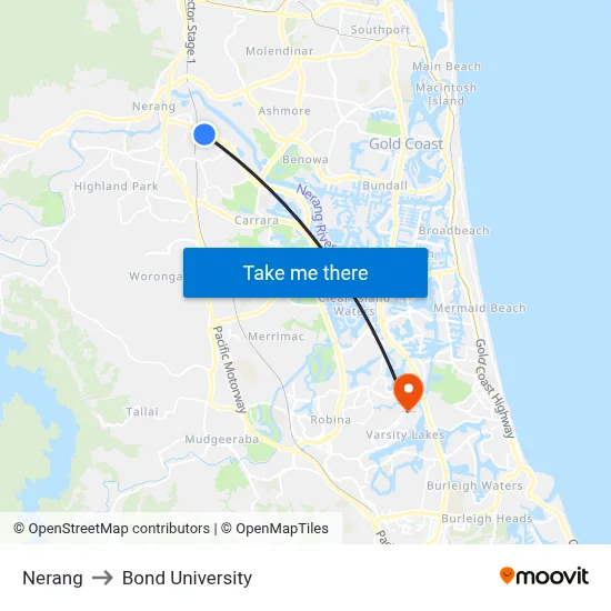 Nerang to Bond University map
