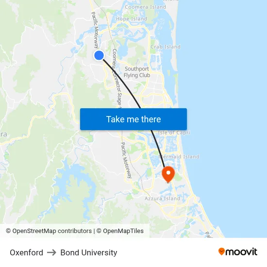 Oxenford to Bond University map