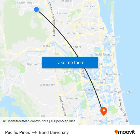Pacific Pines to Bond University map