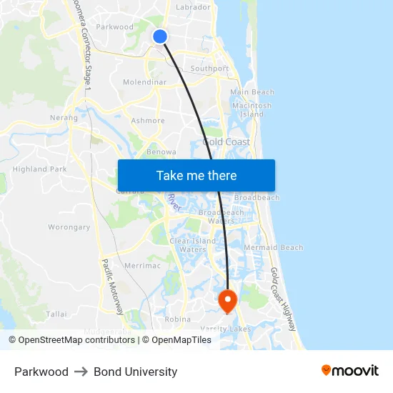 Parkwood to Bond University map