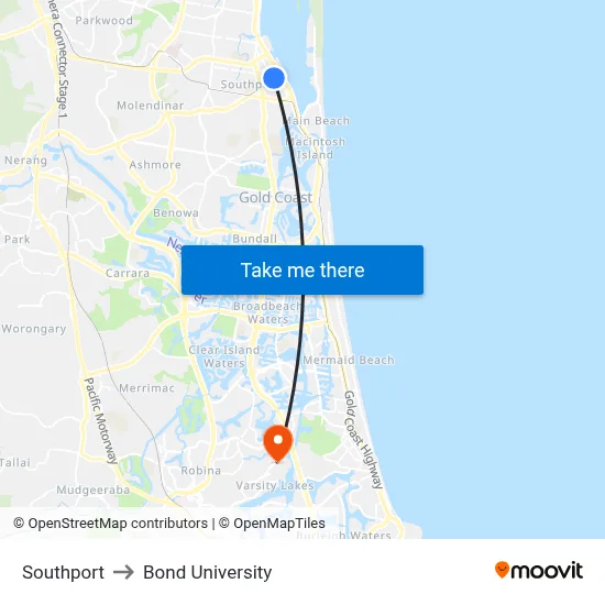Southport to Bond University map