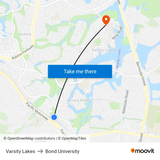 Varsity Lakes to Bond University map