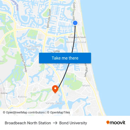 Broadbeach North Station to Bond University map