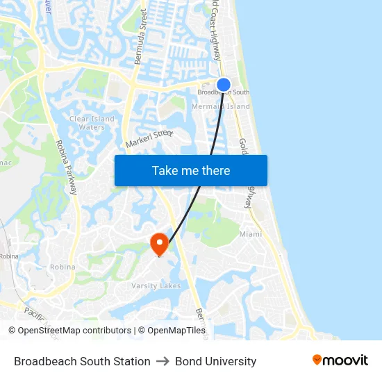 Broadbeach South Station to Bond University map