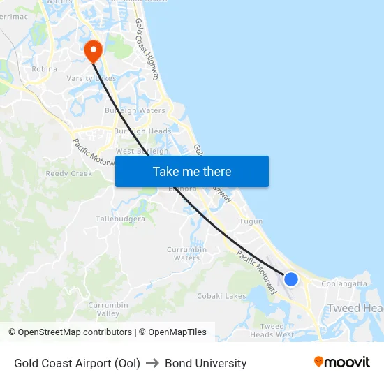 Gold Coast Airport (Ool) to Bond University map