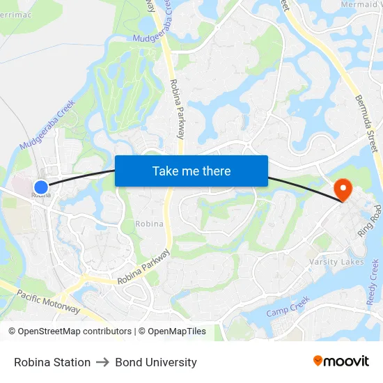 Robina Station to Bond University map