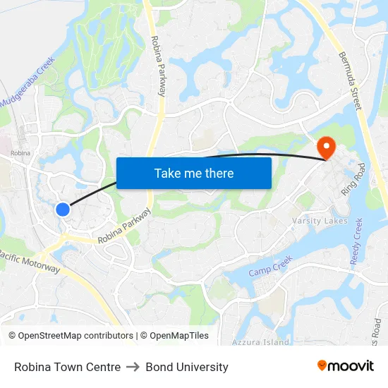 Robina Town Centre to Bond University map
