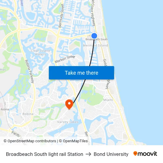 Broadbeach South light rail Station to Bond University map