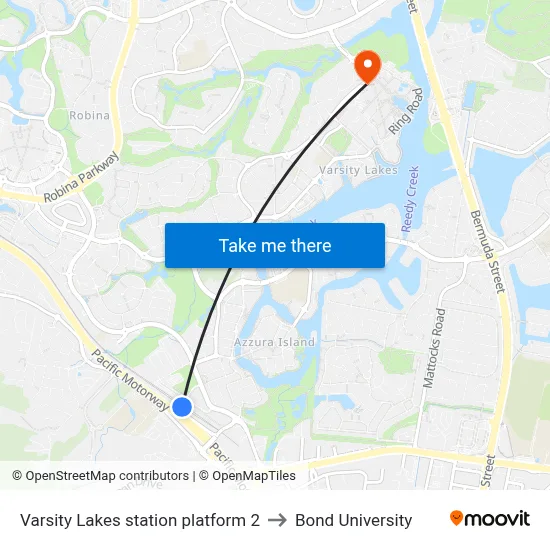 Varsity Lakes station platform 2 to Bond University map