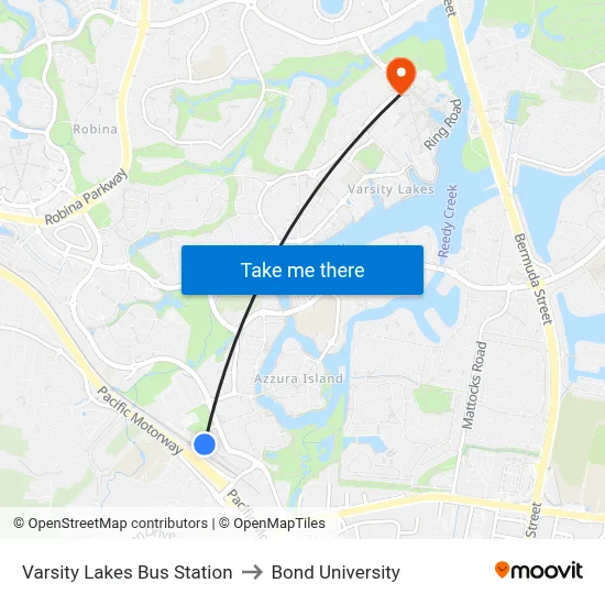 Varsity Lakes Bus Station to Bond University map