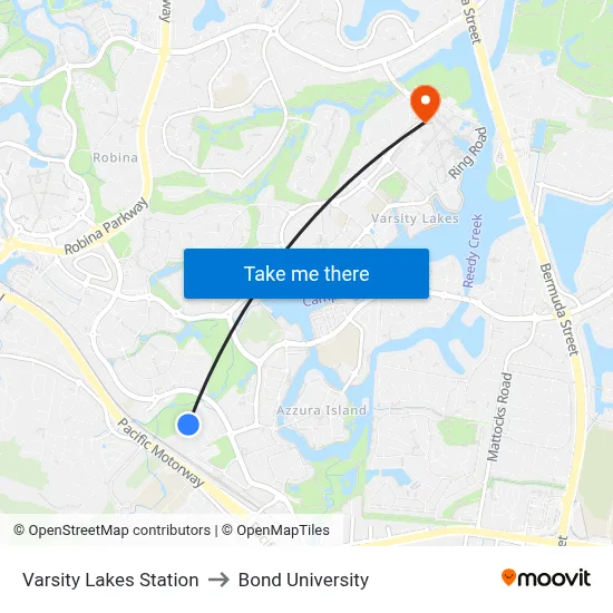 Varsity Lakes Station to Bond University map