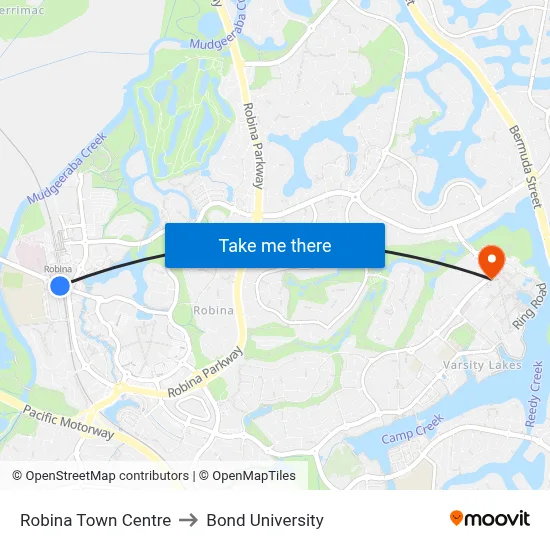 Robina Town Centre to Bond University map
