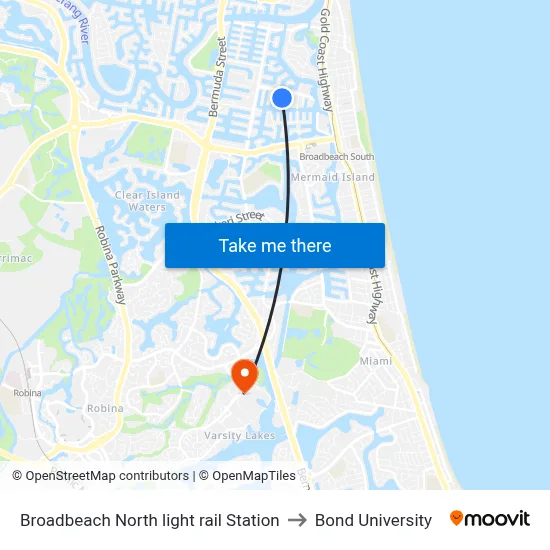 Broadbeach North light rail Station to Bond University map