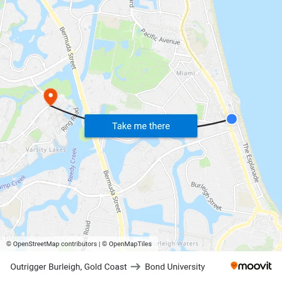 Outrigger Burleigh, Gold Coast to Bond University map