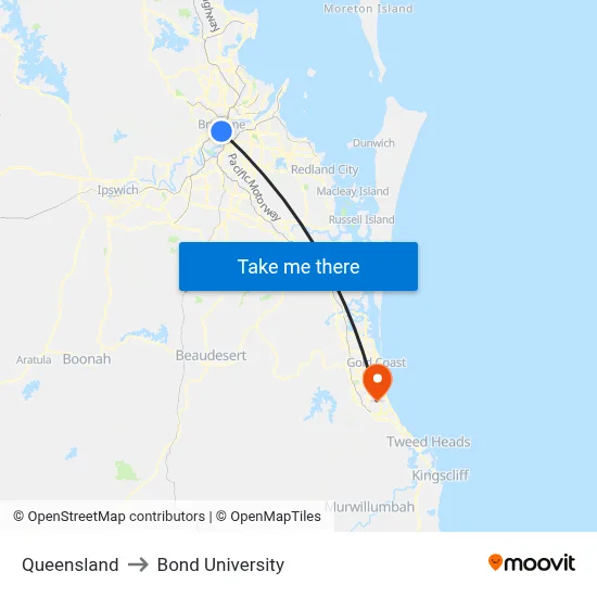 Queensland to Bond University map